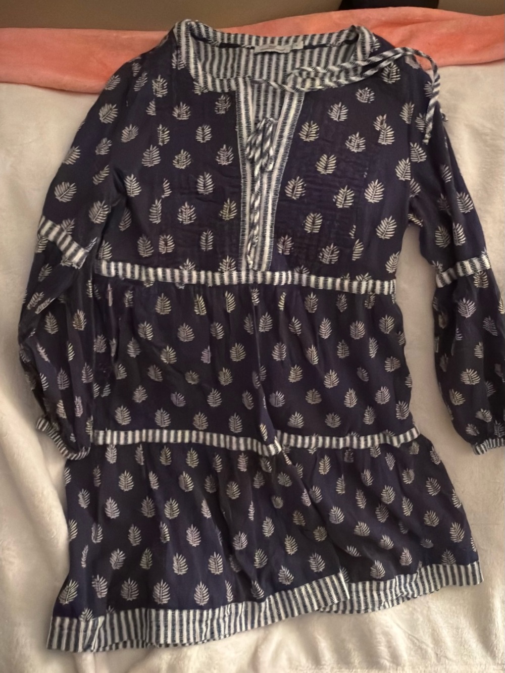 Vineyard Vines Navy Leaf Print Tiered Dress with White Striped Trim